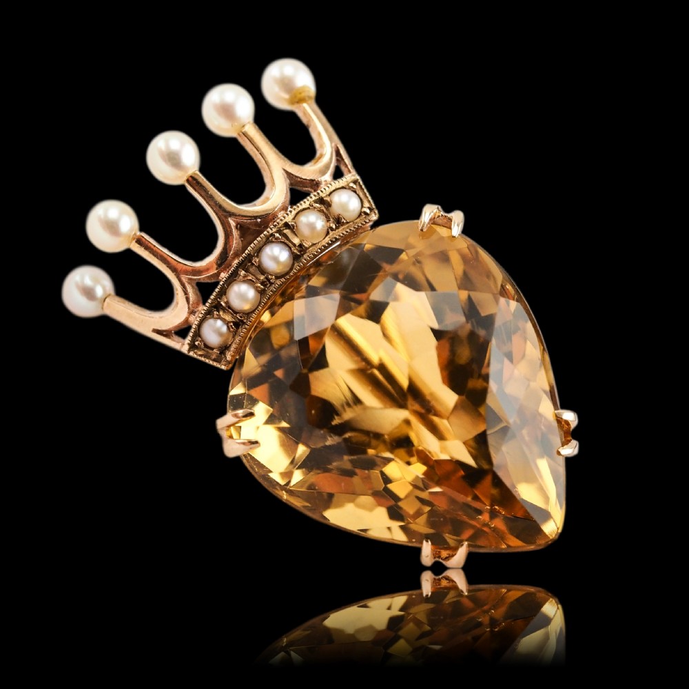 A Citrine & Pearl 14ct Gold Heart Coronet Crown Brooch/Pendant Necklace View XXIII