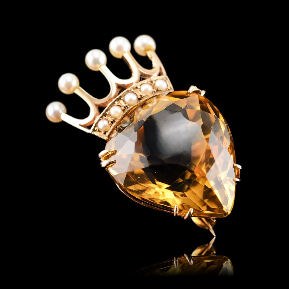 A Citrine & Pearl 14ct Gold Heart Coronet Crown Brooch/Pendant Necklace View XXIV