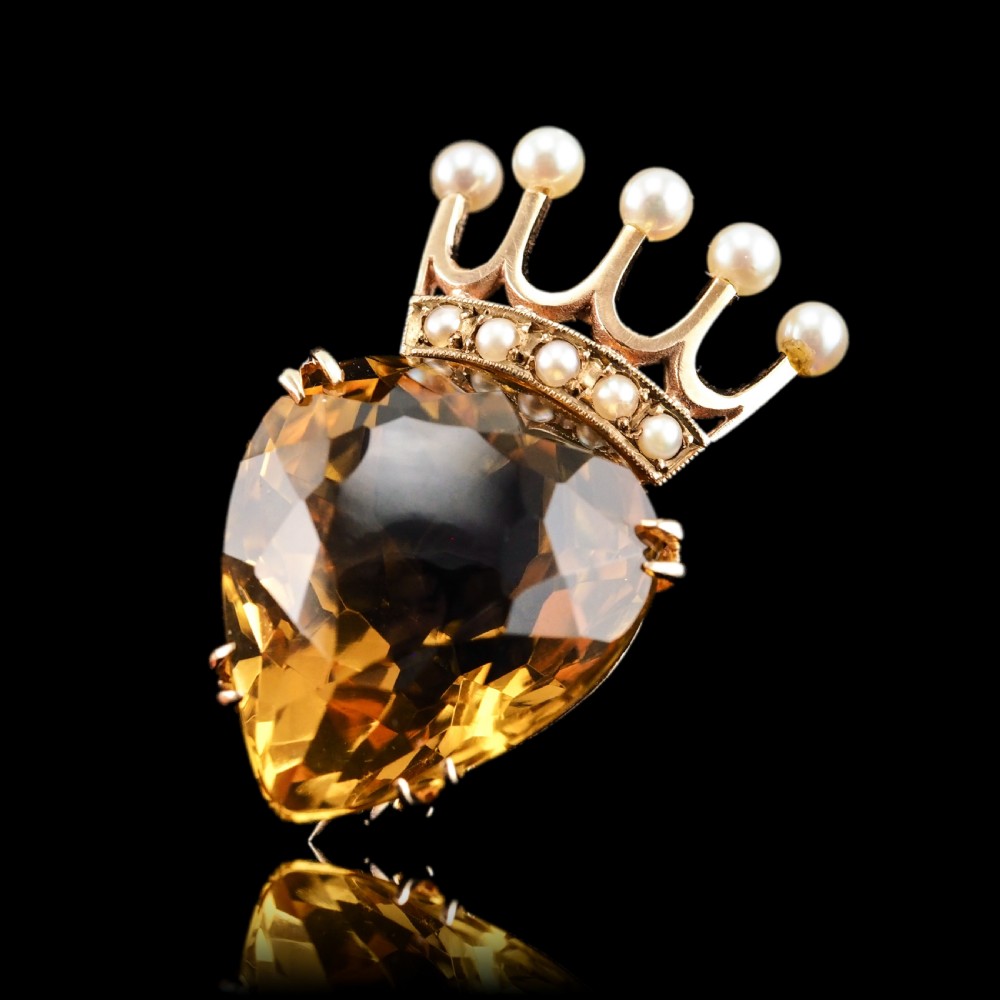 A Citrine & Pearl 14ct Gold Heart Coronet Crown Brooch/Pendant Necklace View XXV