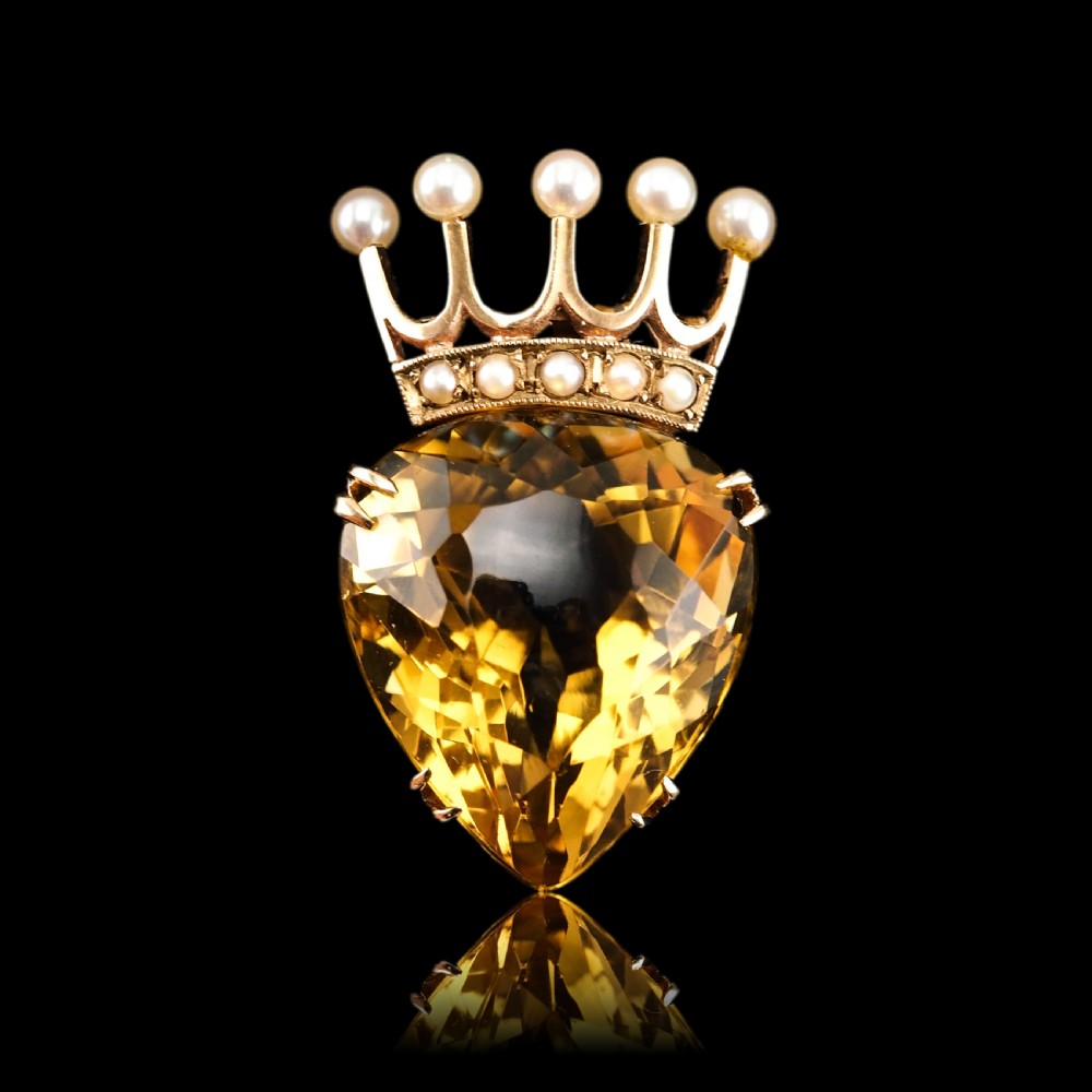 A Citrine & Pearl 14ct Gold Heart Coronet Crown Brooch/Pendant Necklace View XXVI