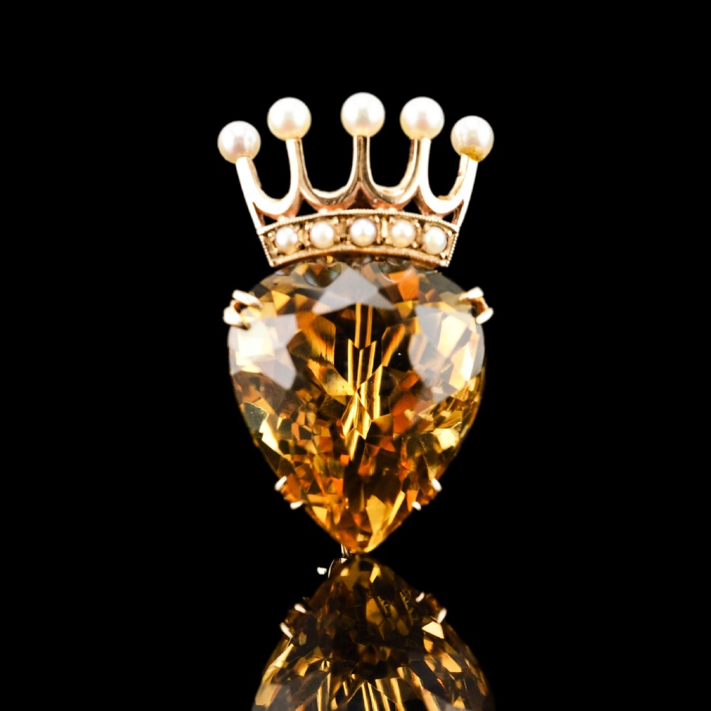 A Citrine & Pearl 14ct Gold Heart Coronet Crown Brooch/Pendant Necklace View XXVII