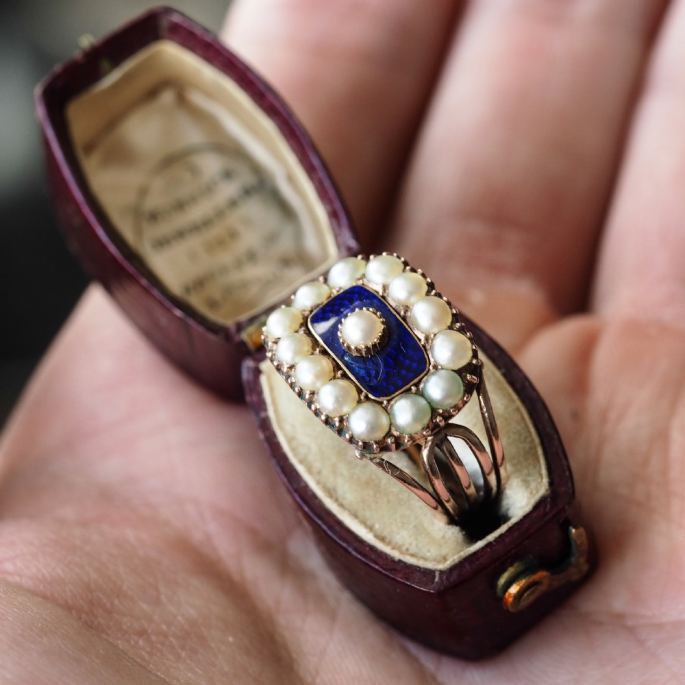 Antique Georgian Blue Enamel & Seed Pearl 14ct Gold Cluster Ring - c.1800 View III