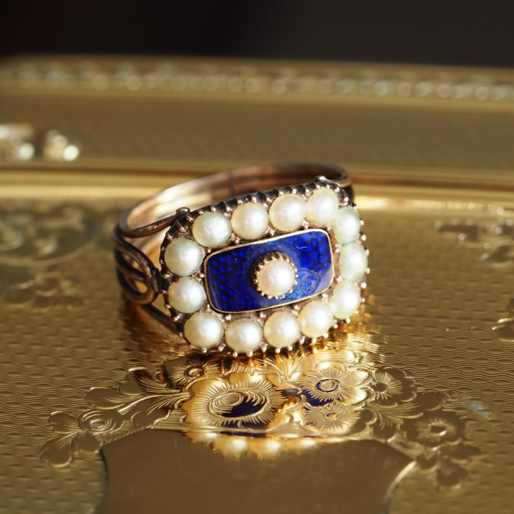Antique Georgian Blue Enamel & Seed Pearl 14ct Gold Cluster Ring - c.1800 View IV