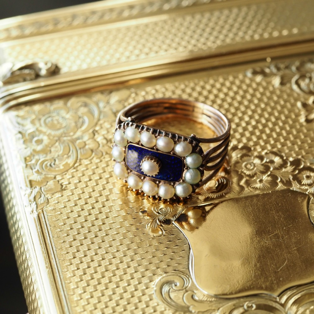 Antique Georgian Blue Enamel & Seed Pearl 14ct Gold Cluster Ring - c.1800 View V