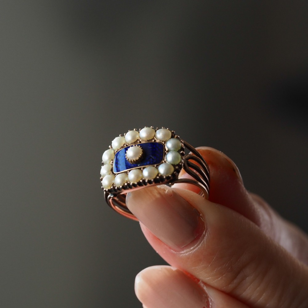 Antique Georgian Blue Enamel & Seed Pearl 14ct Gold Cluster Ring - c.1800 View VIII