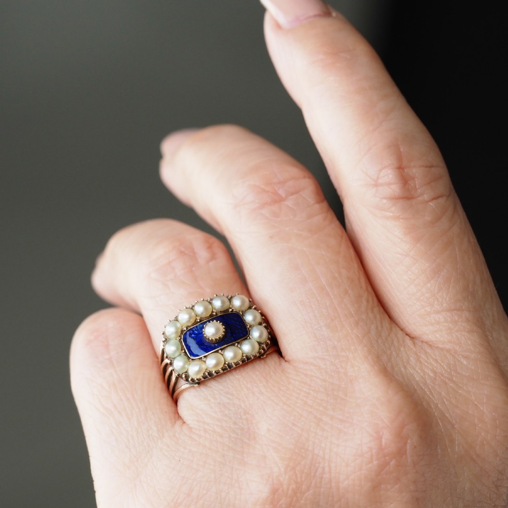Antique Georgian Blue Enamel & Seed Pearl 14ct Gold Cluster Ring - c.1800 View X