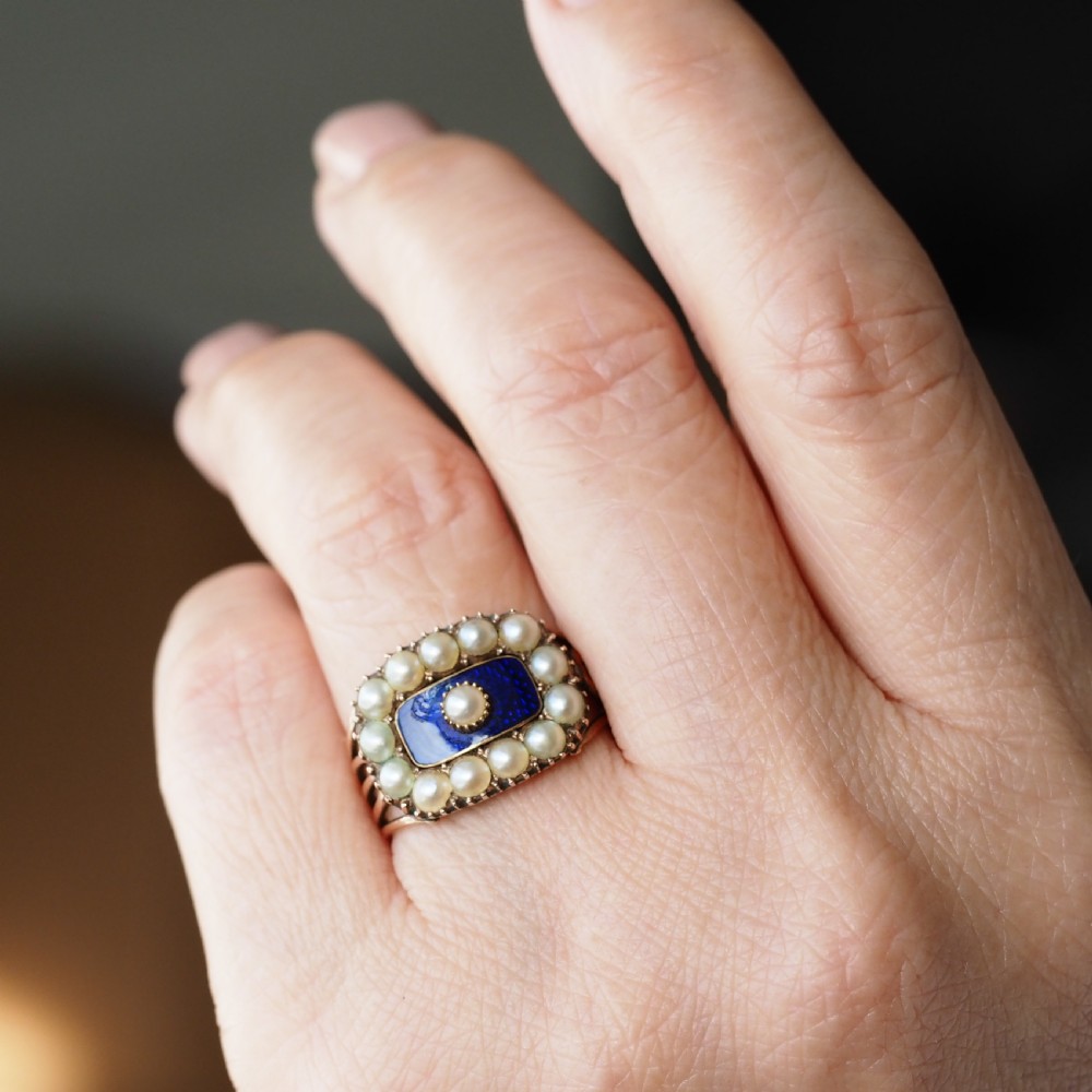 Antique Georgian Blue Enamel & Seed Pearl 14ct Gold Cluster Ring - c.1800 View XI