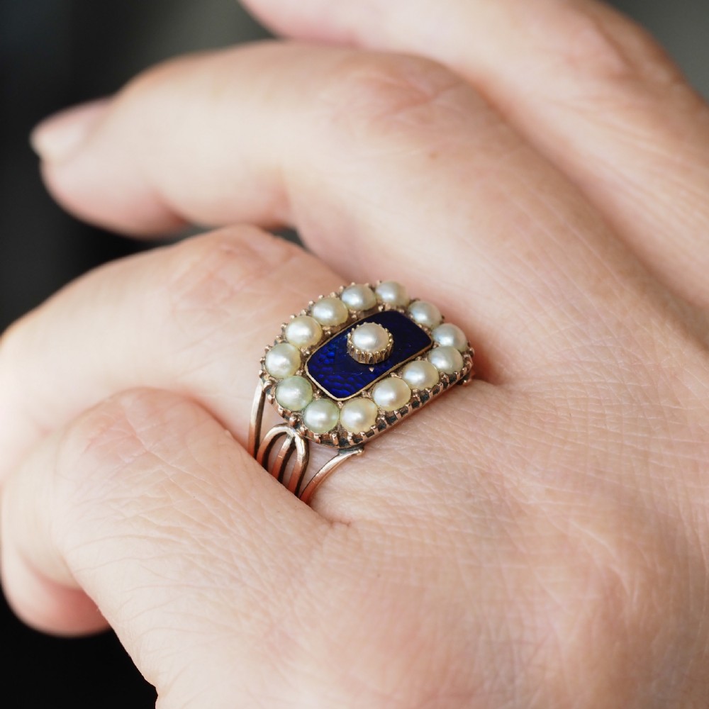 Antique Georgian Blue Enamel & Seed Pearl 14ct Gold Cluster Ring - c.1800 View XII