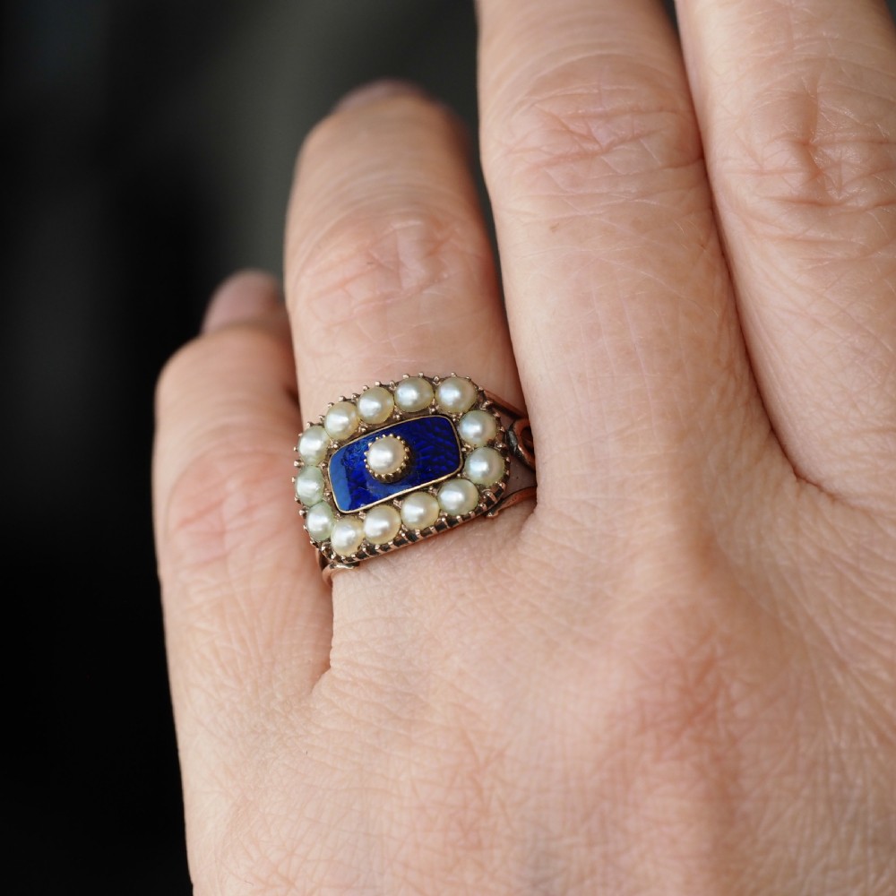 Antique Georgian Blue Enamel & Seed Pearl 14ct Gold Cluster Ring - c.1800 View XIII