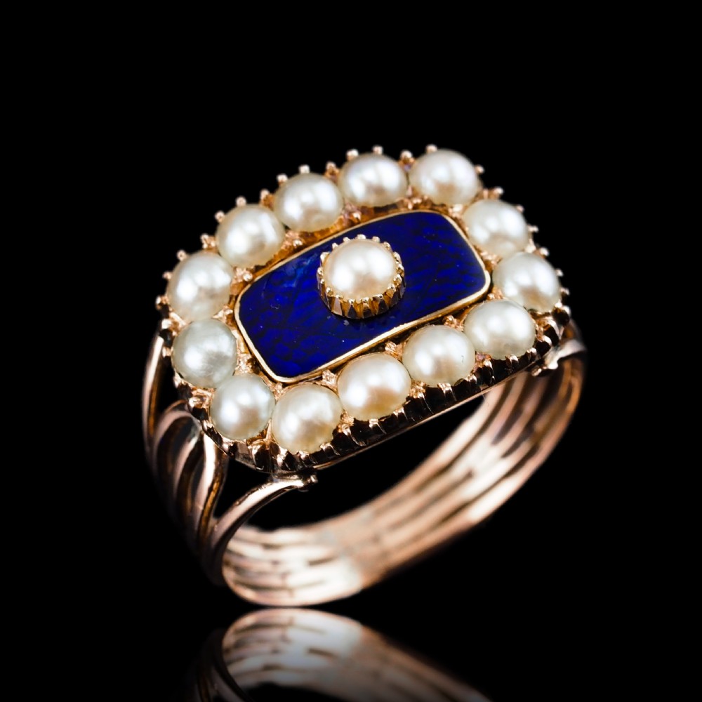 Antique Georgian Blue Enamel & Seed Pearl 14ct Gold Cluster Ring - c.1800 View XIV