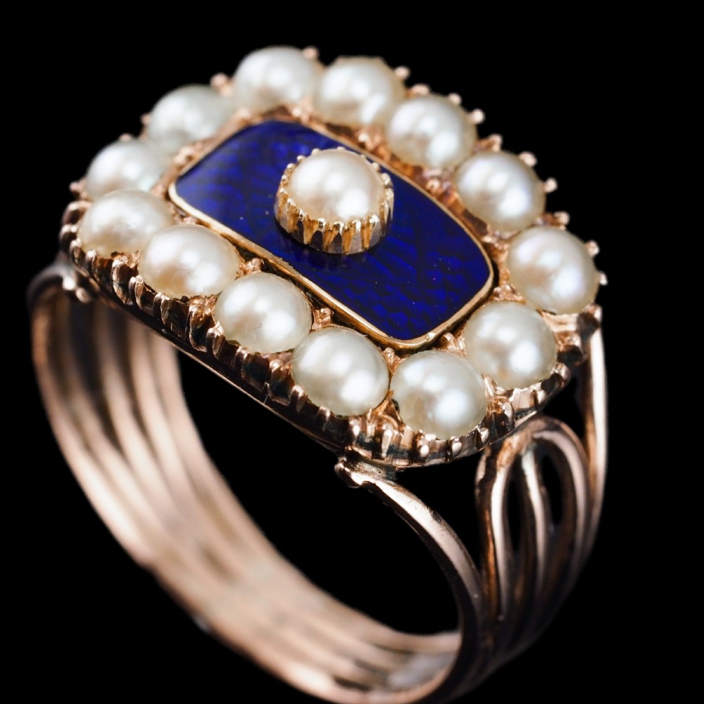Antique Georgian Blue Enamel & Seed Pearl 14ct Gold Cluster Ring - c.1800 View XVI