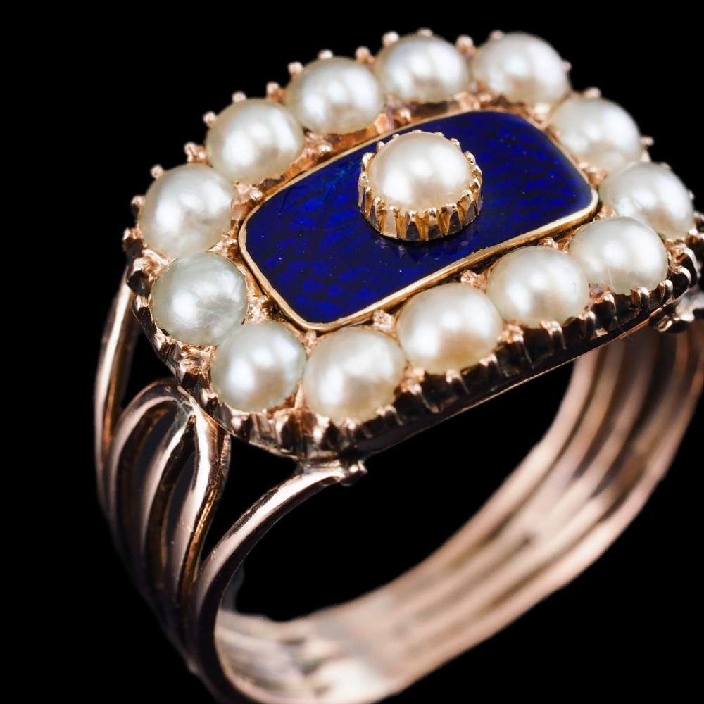 Antique Georgian Blue Enamel & Seed Pearl 14ct Gold Cluster Ring - c.1800 View XVII