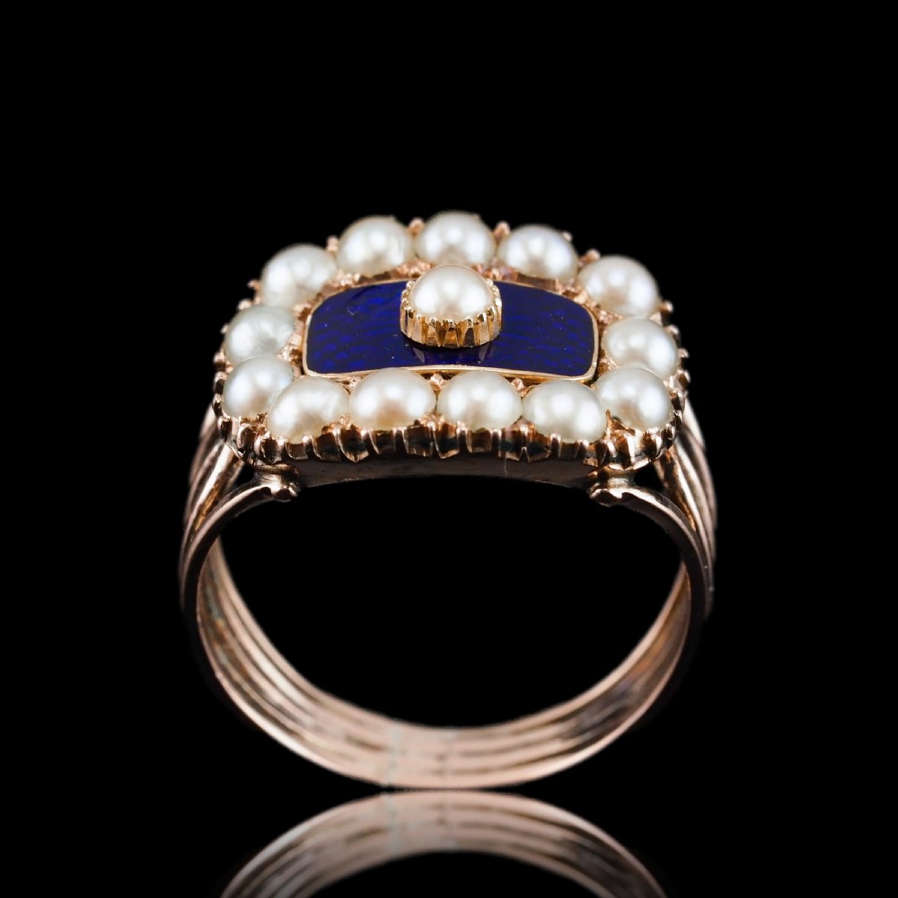 Antique Georgian Blue Enamel & Seed Pearl 14ct Gold Cluster Ring - c.1800 View XVIII