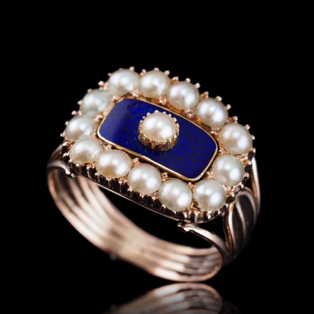 Antique Georgian Blue Enamel & Seed Pearl 14ct Gold Cluster Ring - c.1800 View XIX