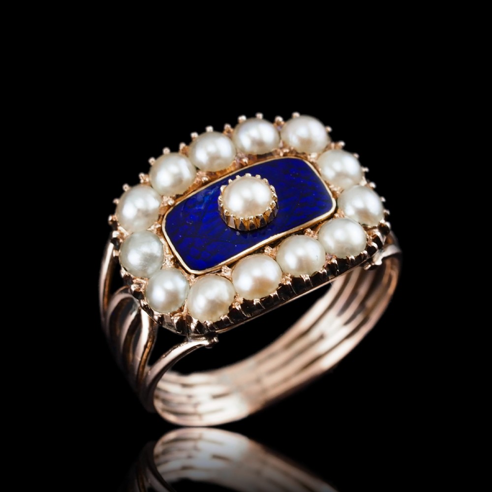 Antique Georgian Blue Enamel & Seed Pearl 14ct Gold Cluster Ring - c.1800 View XX