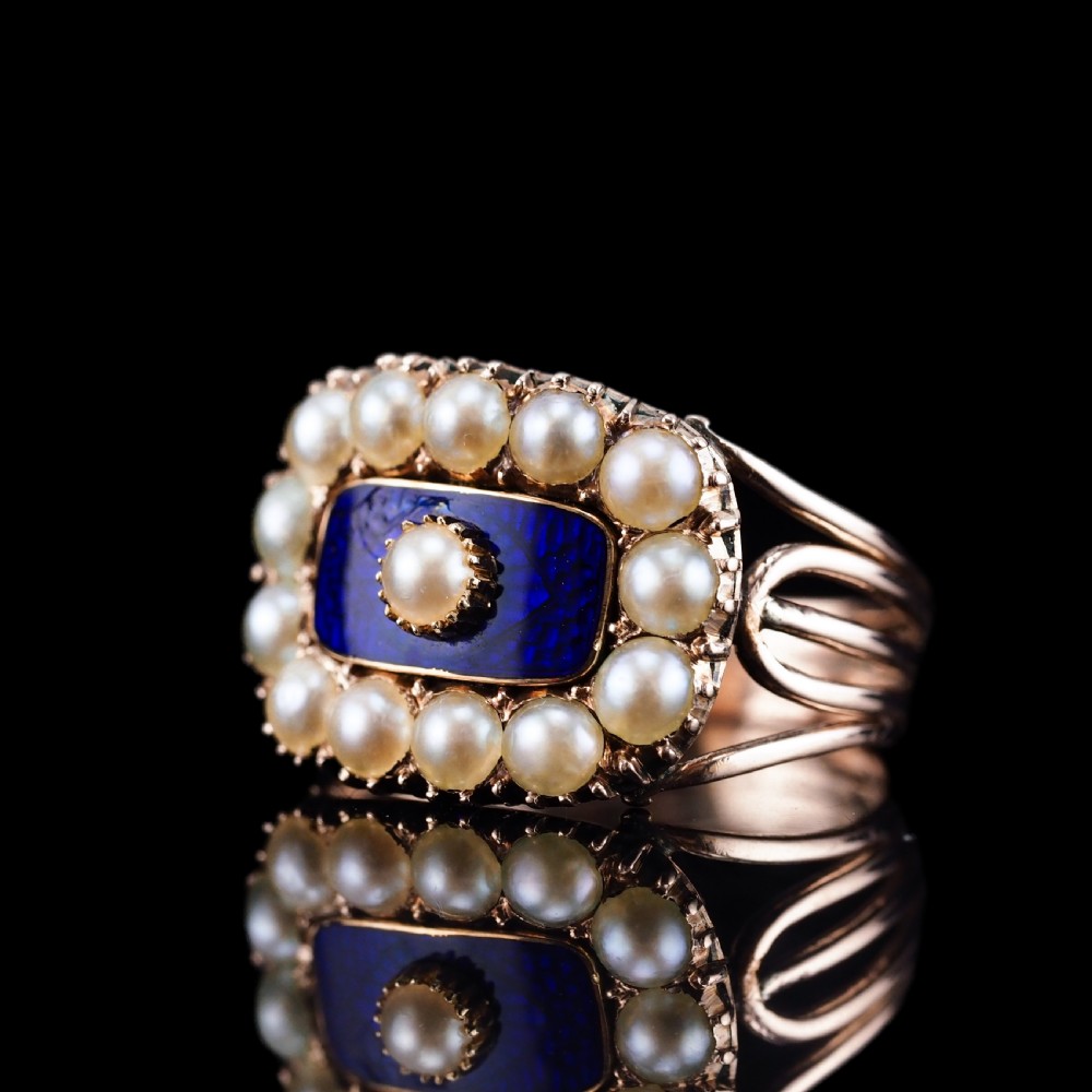 Antique Georgian Blue Enamel & Seed Pearl 14ct Gold Cluster Ring - c.1800 View XXII