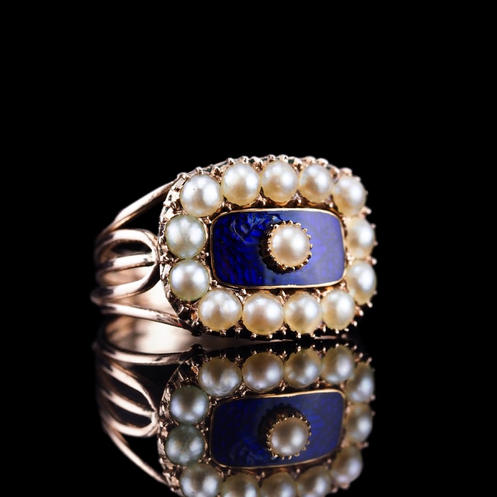 Antique Georgian Blue Enamel & Seed Pearl 14ct Gold Cluster Ring - c.1800 View XXIII