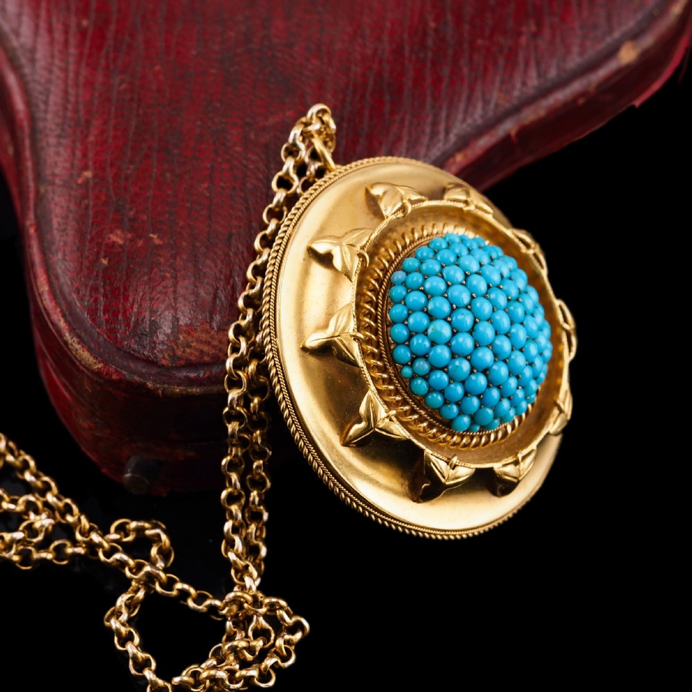 Antique Victorian Turquoise Pendant Necklace/Brooch 18ct Gold Etruscan Revival Design - c.1880 View IV
