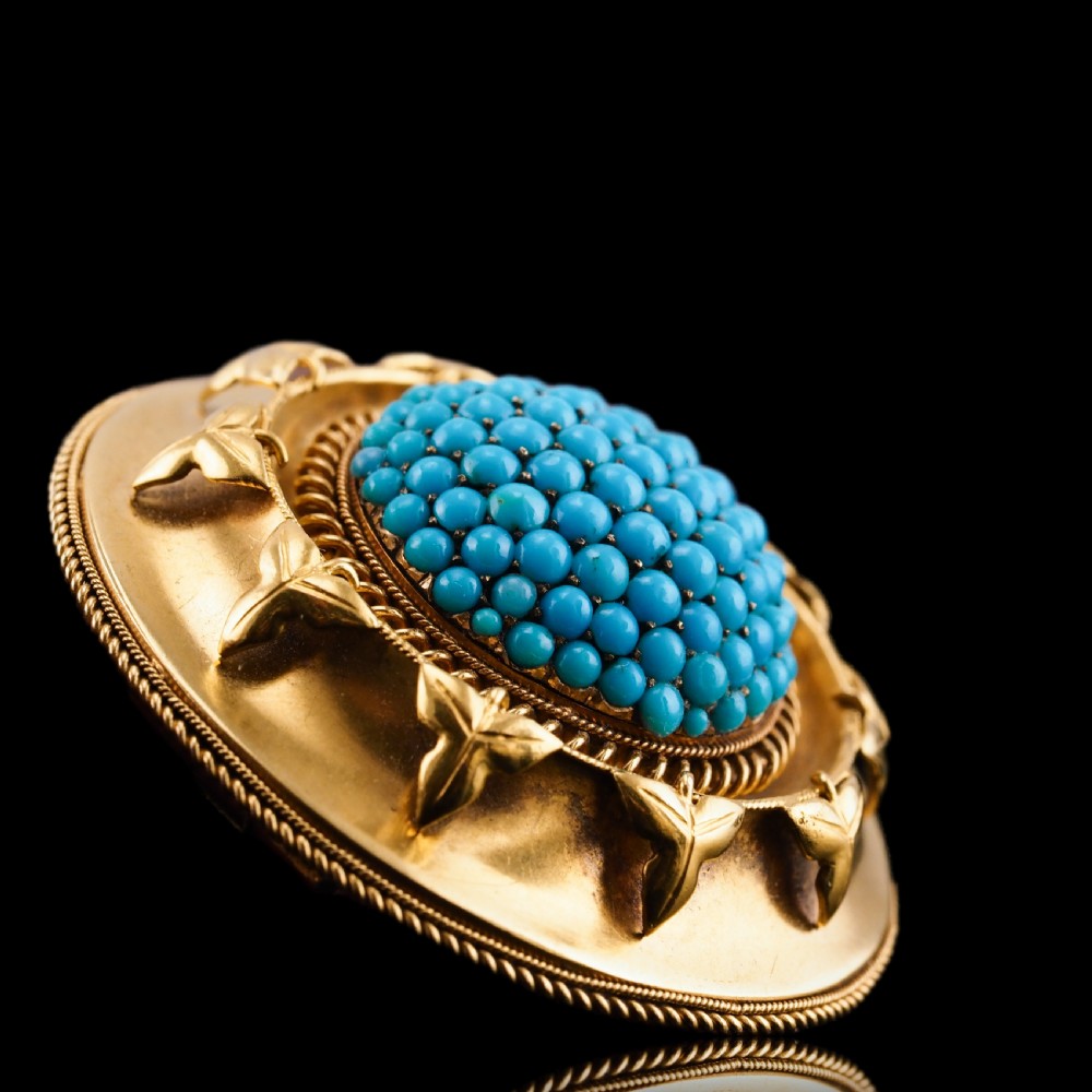 Antique Victorian Turquoise Pendant Necklace/Brooch 18ct Gold Etruscan Revival Design - c.1880 View V