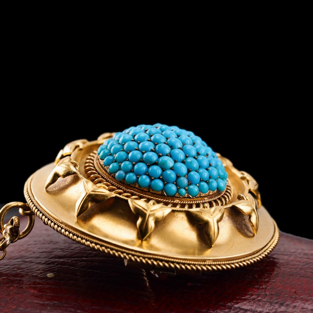 Antique Victorian Turquoise Pendant Necklace/Brooch 18ct Gold Etruscan Revival Design - c.1880 View VI