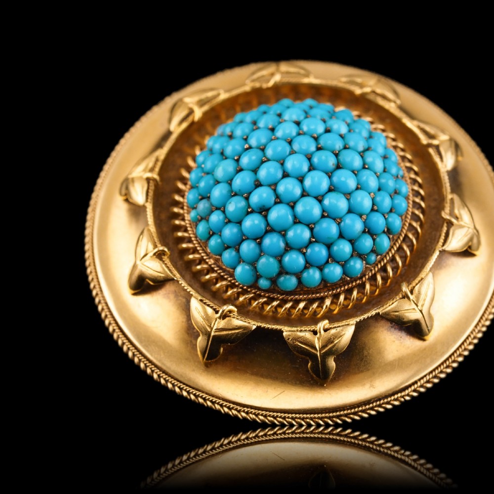 Antique Victorian Turquoise Pendant Necklace/Brooch 18ct Gold Etruscan Revival Design - c.1880 View XVII