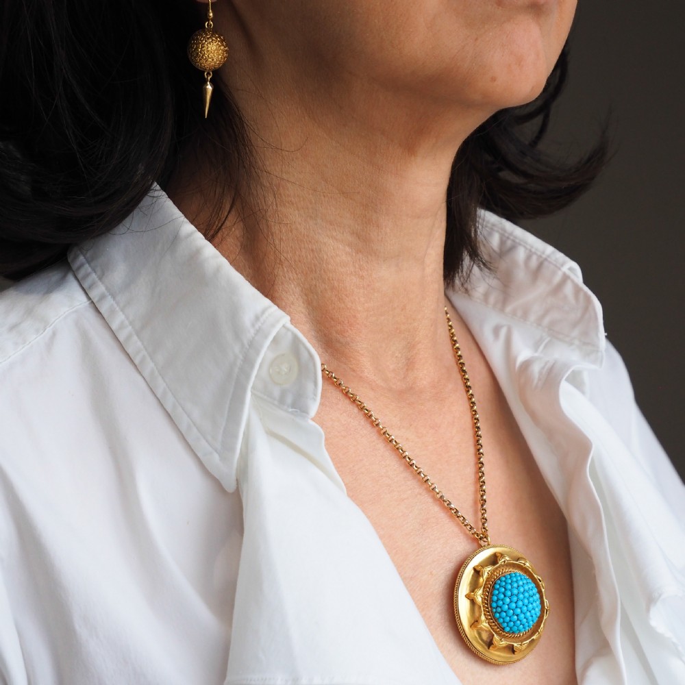 Antique Victorian Turquoise Pendant Necklace/Brooch 18ct Gold Etruscan Revival Design - c.1880 View XXIV