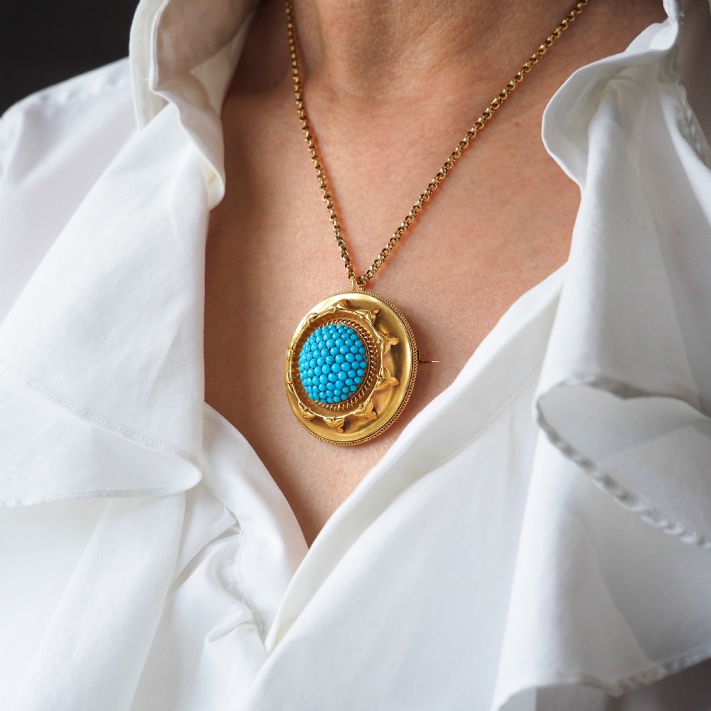 Antique Victorian Turquoise Pendant Necklace/Brooch 18ct Gold Etruscan Revival Design - c.1880 View XXVII