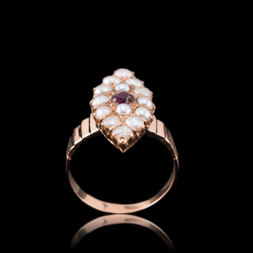 Antique Victorian Ruby & Seed Pearl Navette Ring 14ct Rose Gold - c.1900 View II