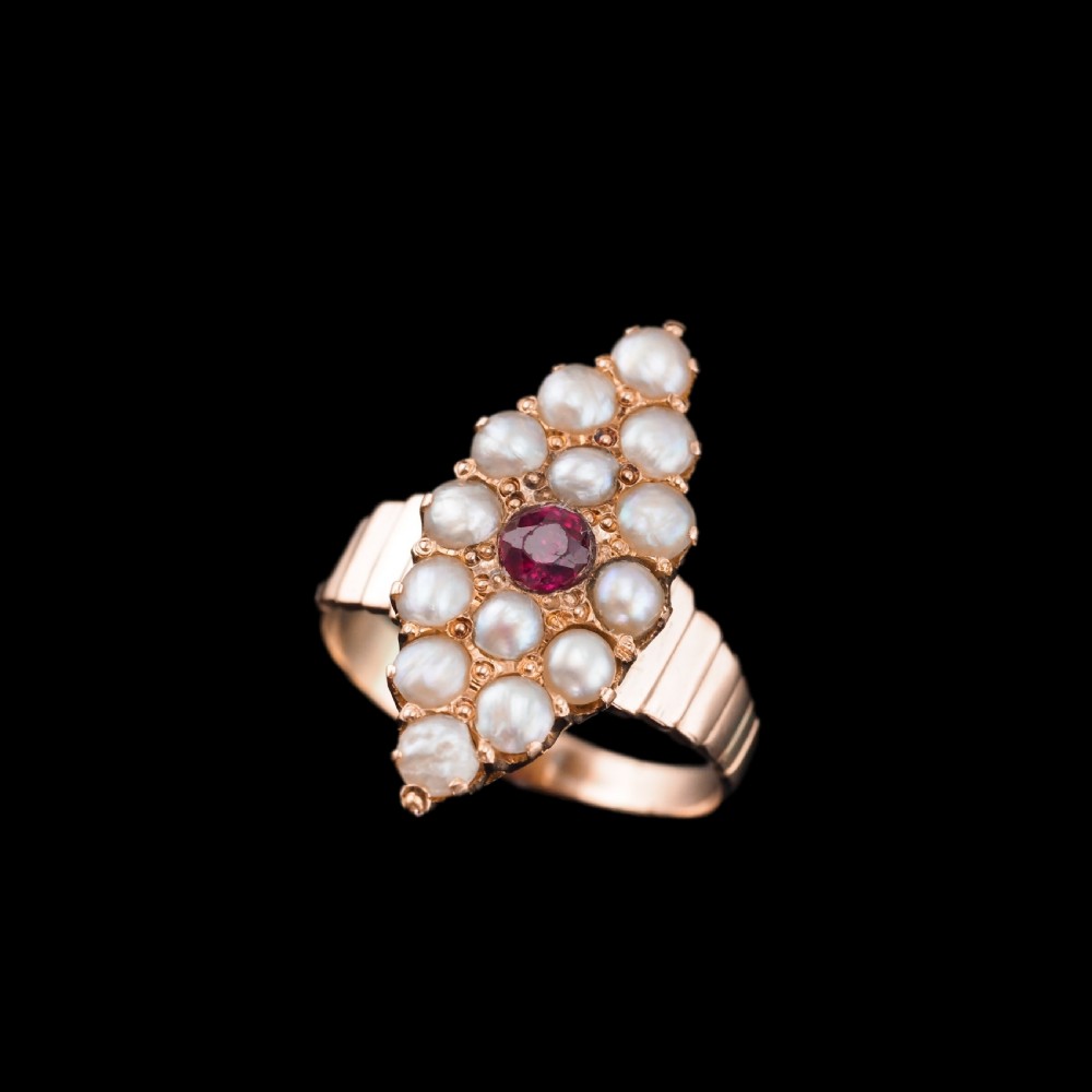Antique Victorian Ruby & Seed Pearl Navette Ring 14ct Rose Gold - c.1900 View IV