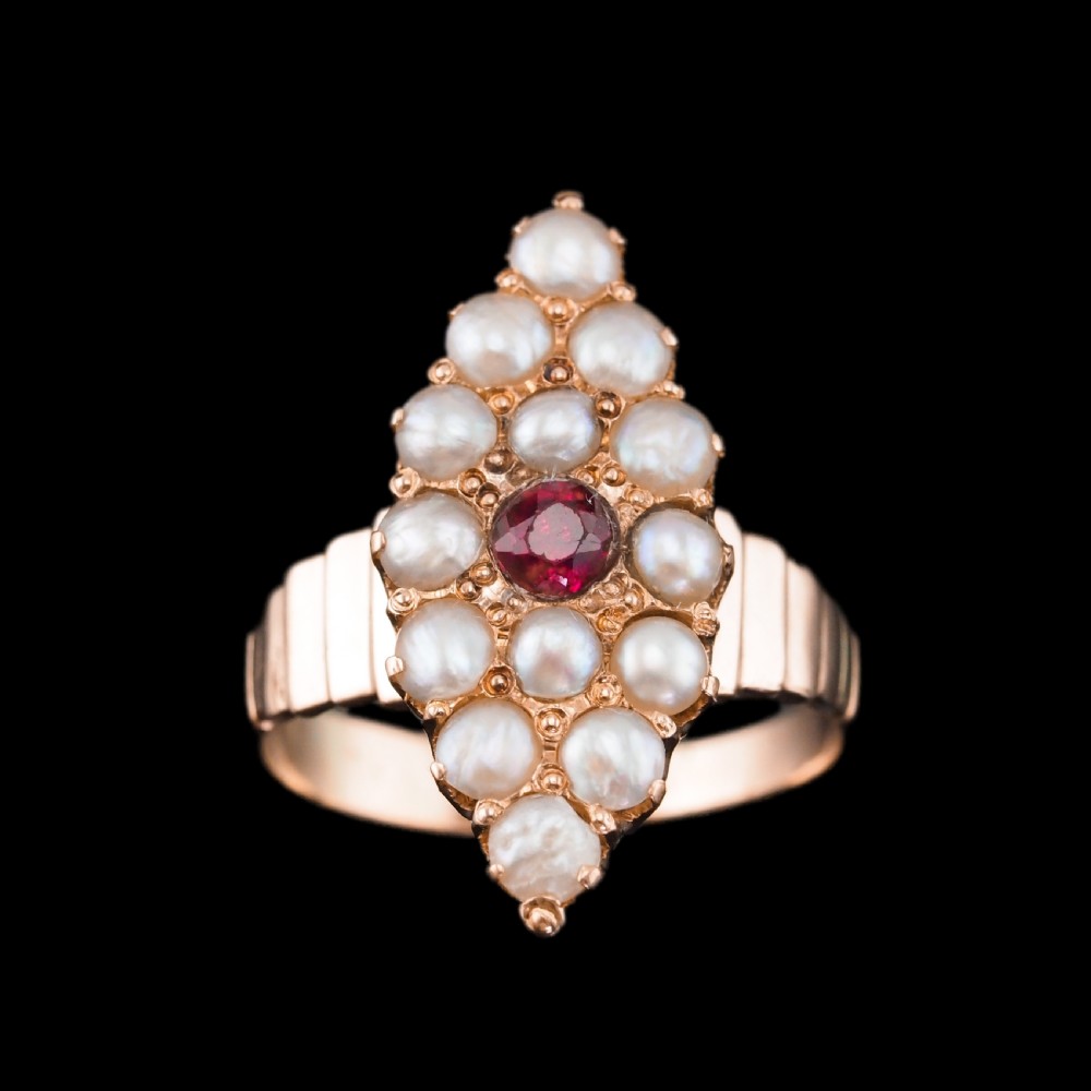 Antique Victorian Ruby & Seed Pearl Navette Ring 14ct Rose Gold - c.1900 View V
