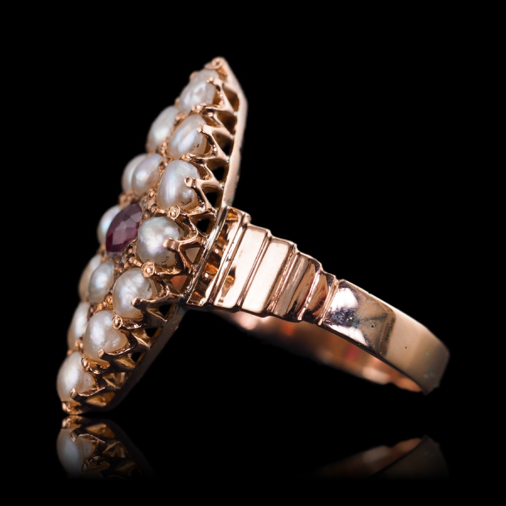 Antique Victorian Ruby & Seed Pearl Navette Ring 14ct Rose Gold - c.1900 View VI