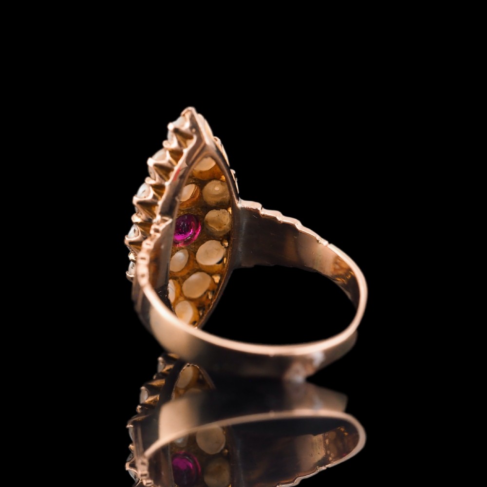 Antique Victorian Ruby & Seed Pearl Navette Ring 14ct Rose Gold - c.1900 View VII