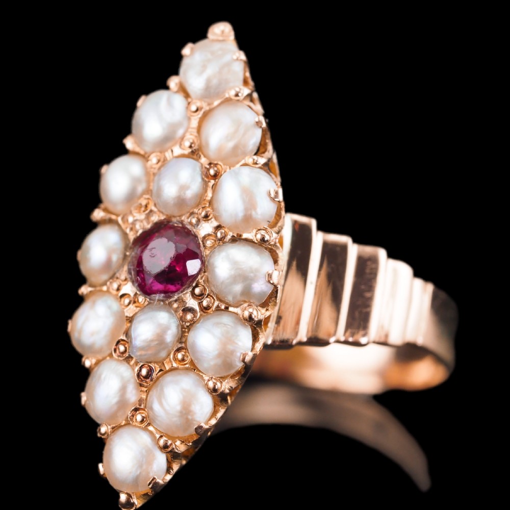 Antique Victorian Ruby & Seed Pearl Navette Ring 14ct Rose Gold - c.1900 View VIII