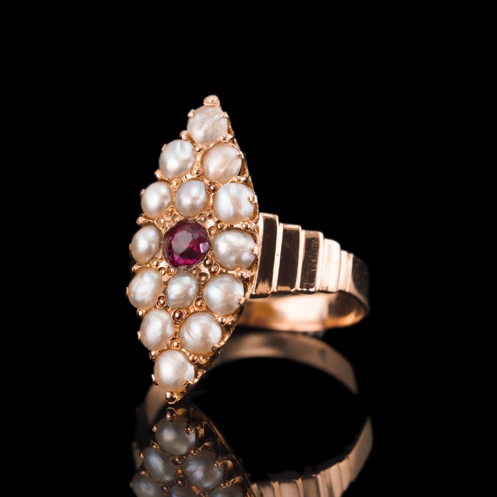 Antique Victorian Ruby & Seed Pearl Navette Ring 14ct Rose Gold - c.1900 View IX