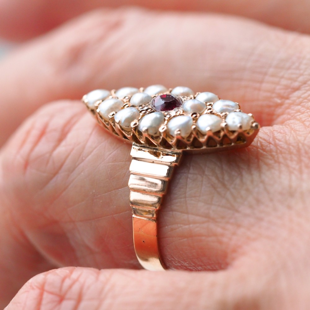 Antique Victorian Ruby & Seed Pearl Navette Ring 14ct Rose Gold - c.1900 View XI