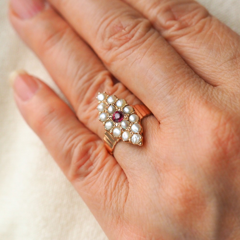 Antique Victorian Ruby & Seed Pearl Navette Ring 14ct Rose Gold - c.1900 View XII
