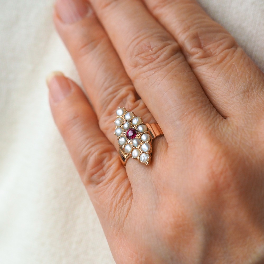 Antique Victorian Ruby & Seed Pearl Navette Ring 14ct Rose Gold - c.1900 View XIII