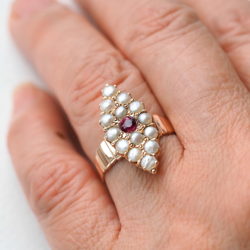 Antique Victorian Ruby & Seed Pearl Navette Ring 14ct Rose Gold - c.1900 View XIV