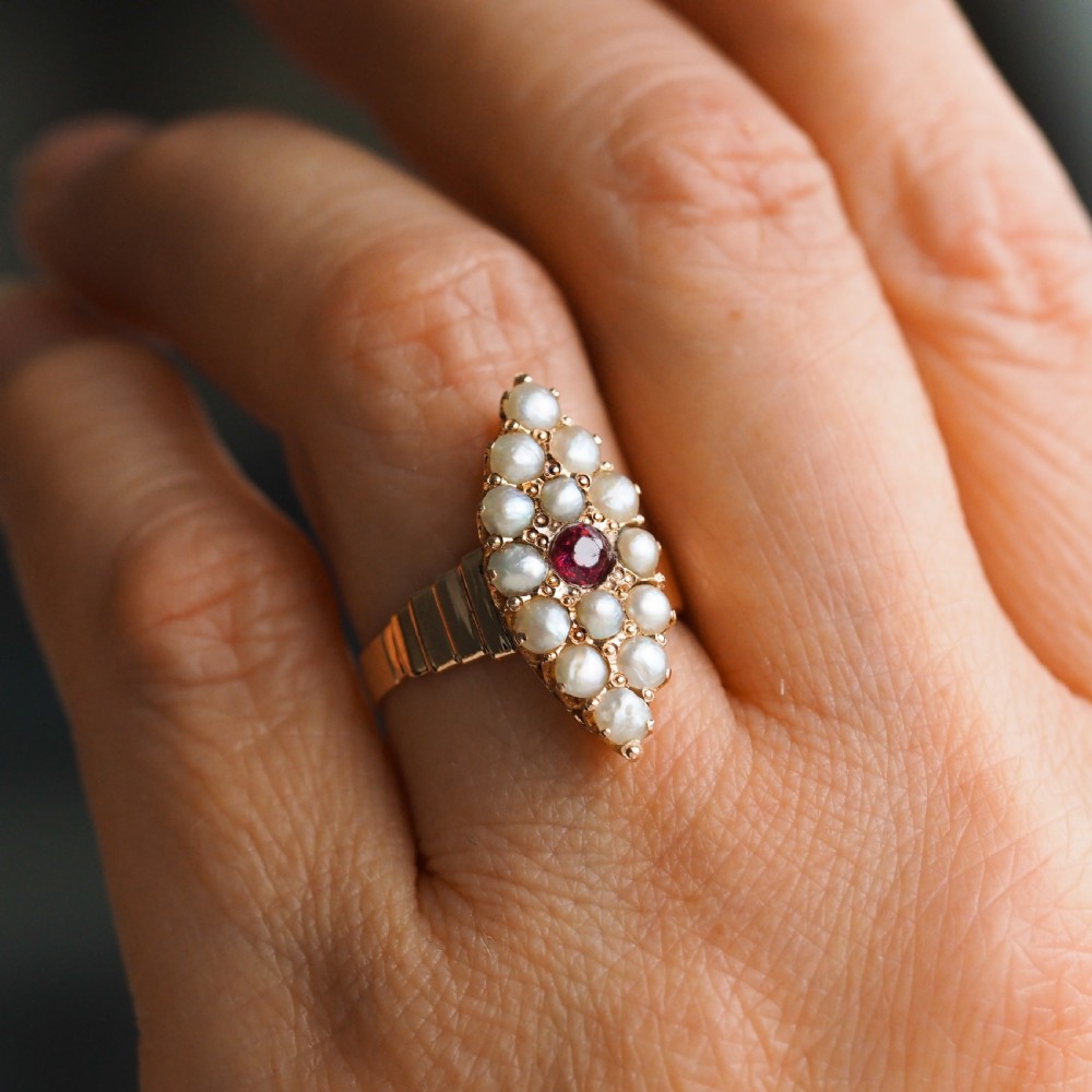 Antique Victorian Ruby & Seed Pearl Navette Ring 14ct Rose Gold - c.1900 View XV