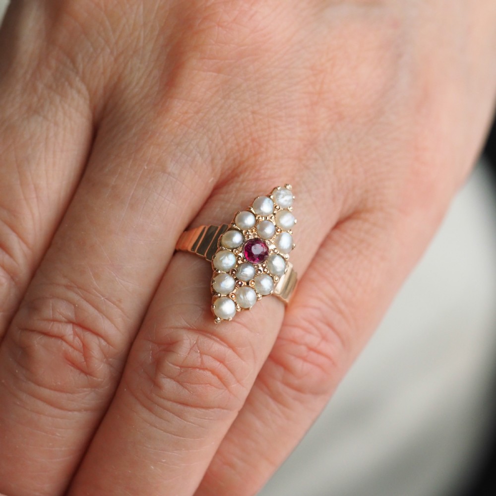 Antique Victorian Ruby & Seed Pearl Navette Ring 14ct Rose Gold - c.1900 View XVI