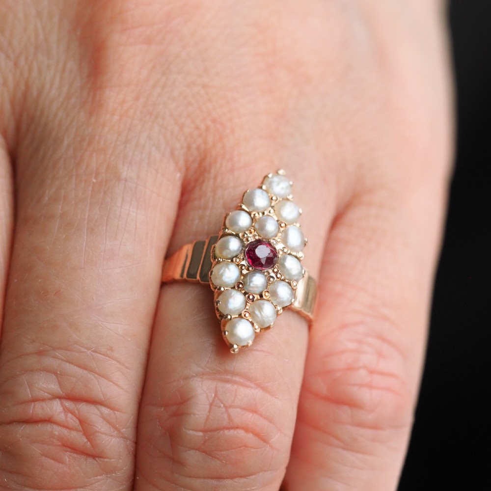 Antique Victorian Ruby & Seed Pearl Navette Ring 14ct Rose Gold - c.1900 View XVII