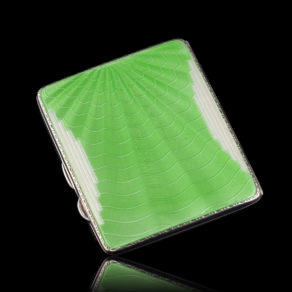 Art Deco Sterling Silver Cigarette Case with Green Enamel Guilloche Sunburst Ray - Joseph Gloster 