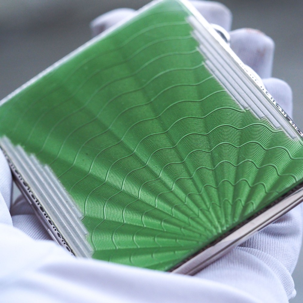 Art Deco Sterling Silver Cigarette Case with Green Enamel Guilloche Sunburst Ray - Joseph Gloster  View IV