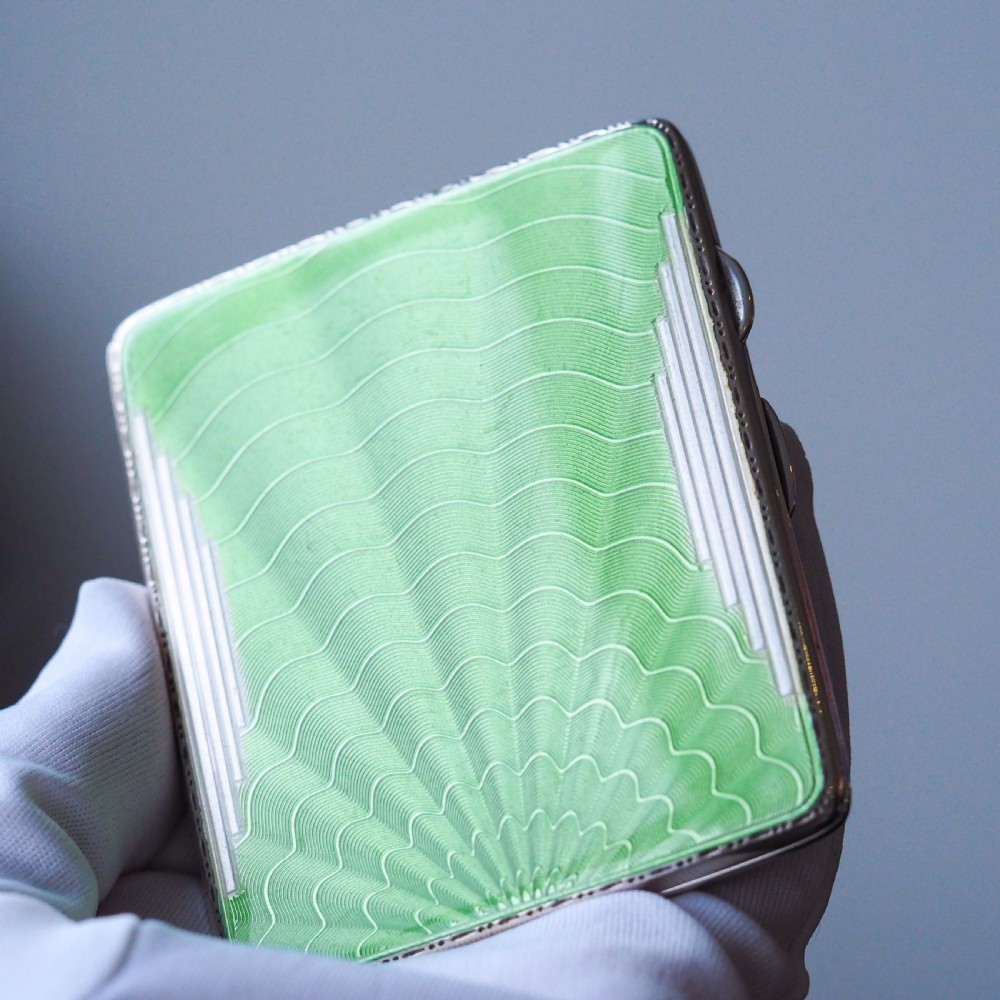 Art Deco Sterling Silver Cigarette Case with Green Enamel Guilloche Sunburst Ray - Joseph Gloster  View V