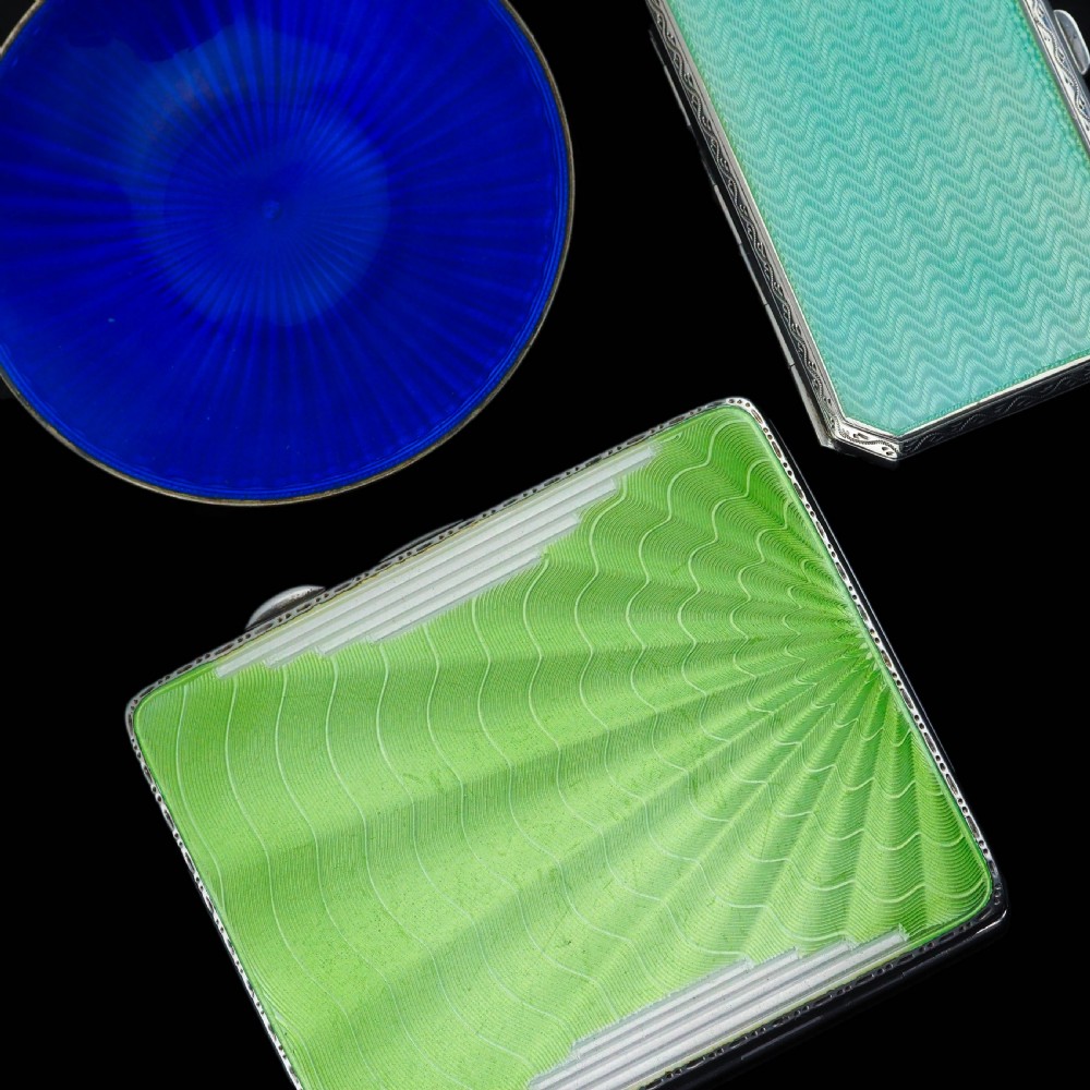 Art Deco Sterling Silver Cigarette Case with Green Enamel Guilloche Sunburst Ray - Joseph Gloster  View VI
