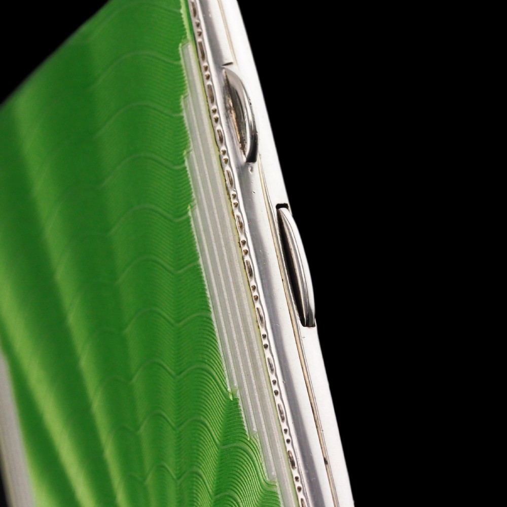 Art Deco Sterling Silver Cigarette Case with Green Enamel Guilloche Sunburst Ray - Joseph Gloster  View VIII