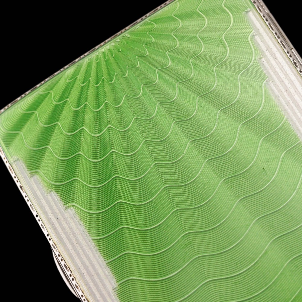 Art Deco Sterling Silver Cigarette Case with Green Enamel Guilloche Sunburst Ray - Joseph Gloster  View IX
