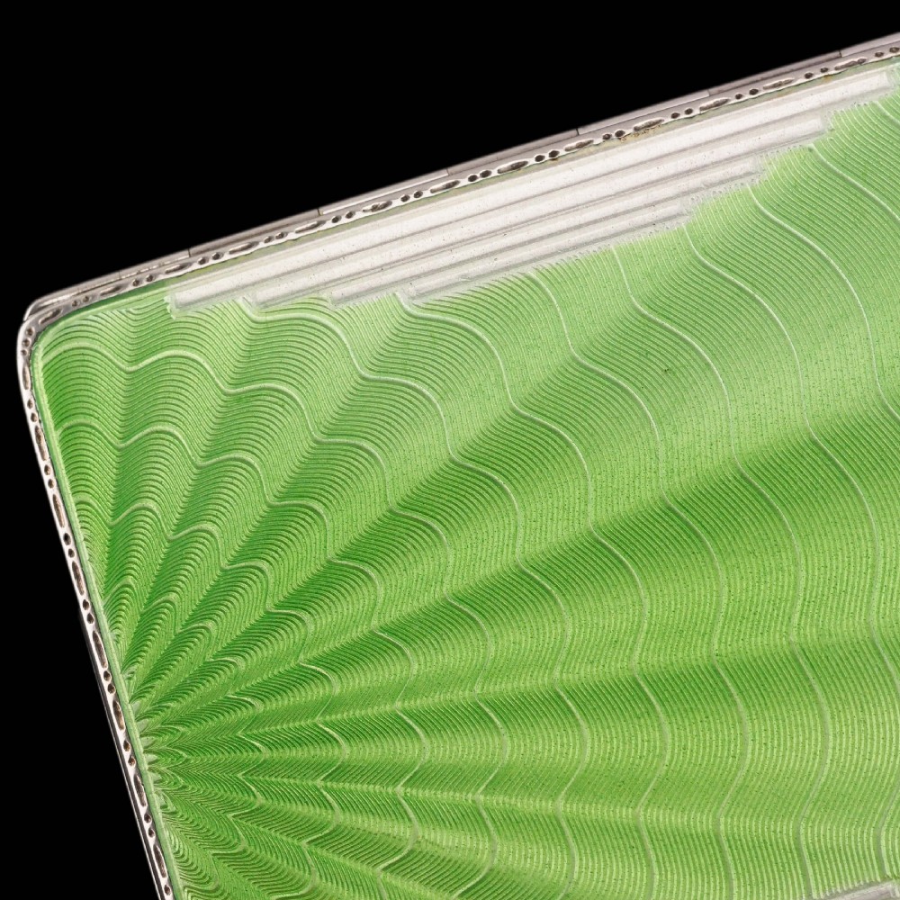 Art Deco Sterling Silver Cigarette Case with Green Enamel Guilloche Sunburst Ray - Joseph Gloster  View X