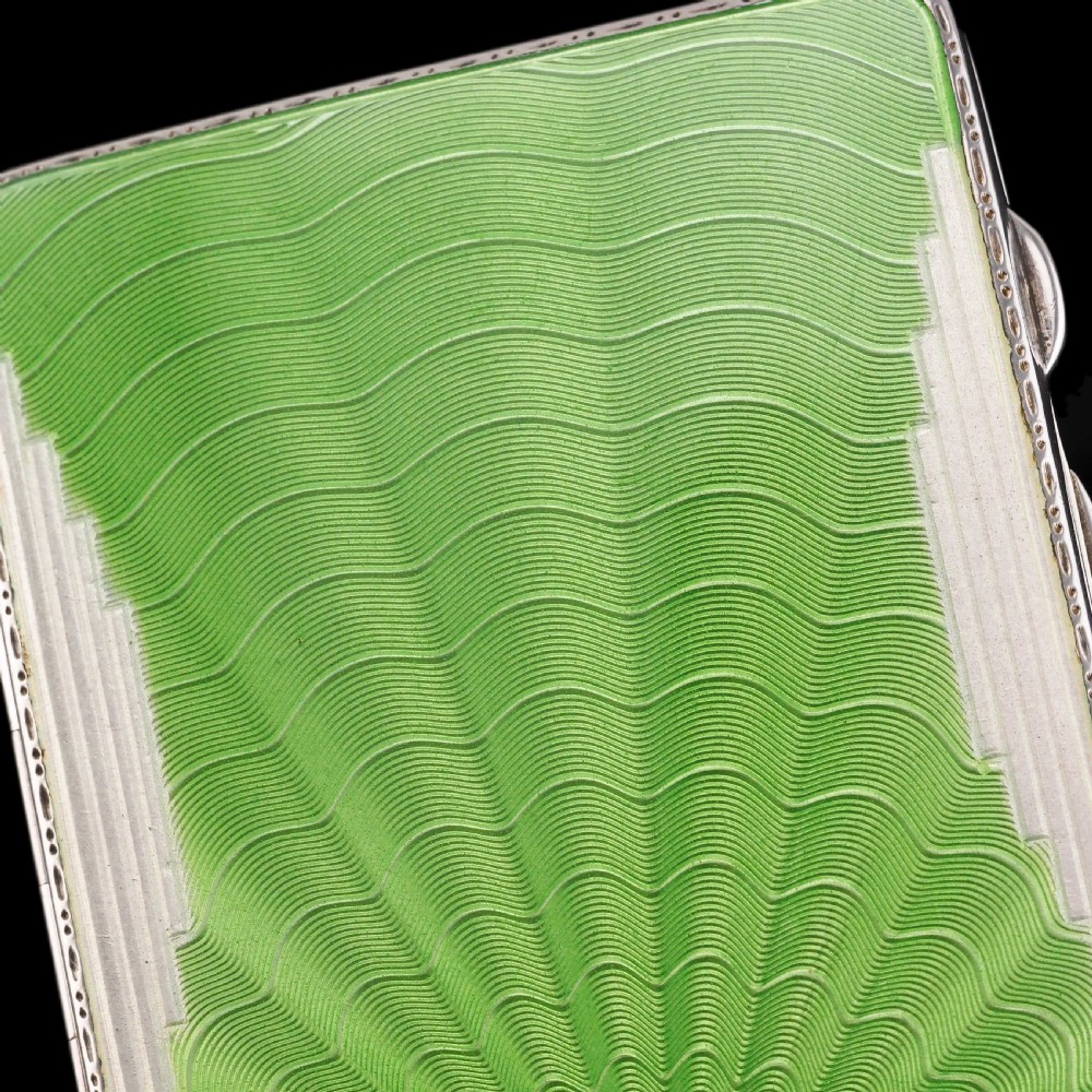 Art Deco Sterling Silver Cigarette Case with Green Enamel Guilloche Sunburst Ray - Joseph Gloster  View XI