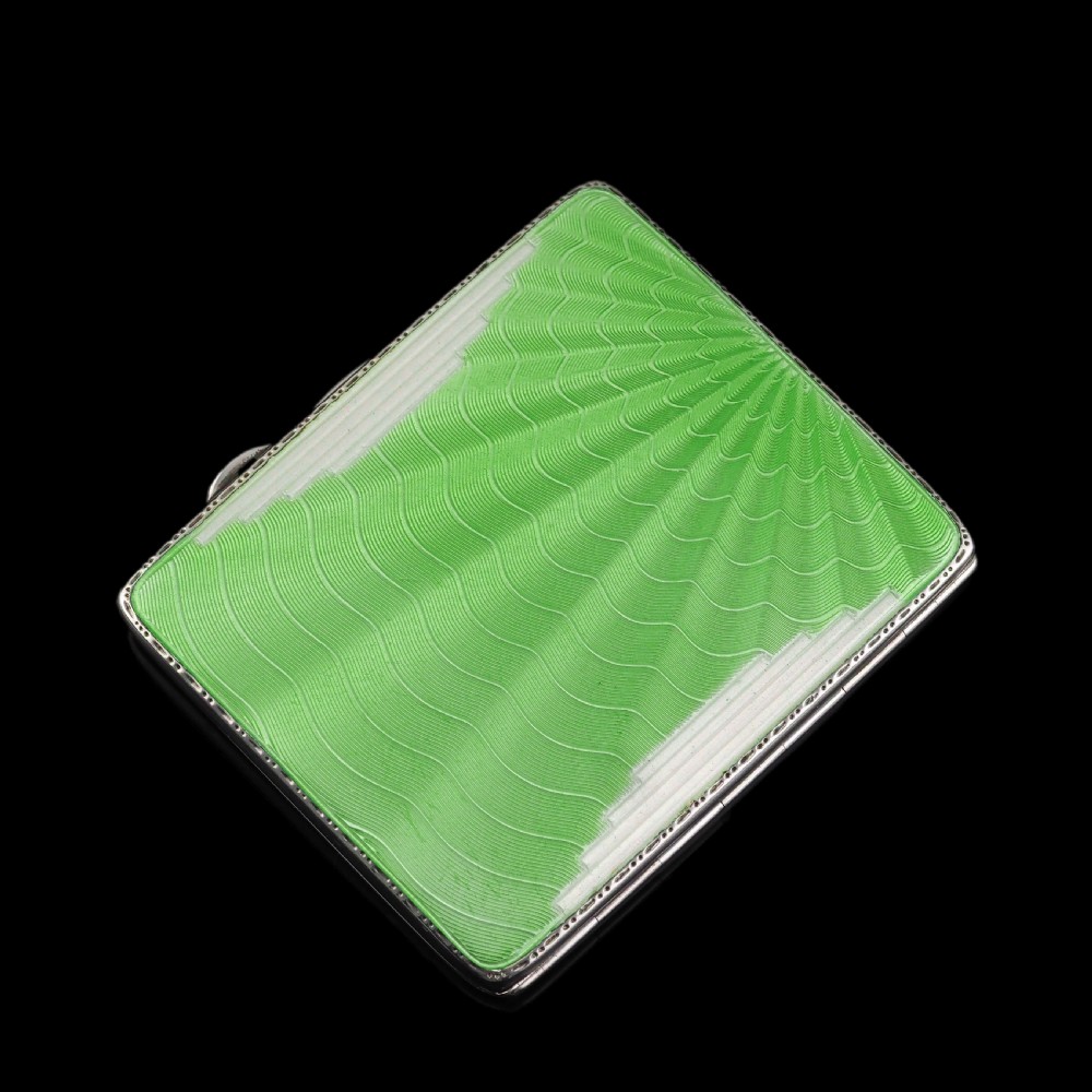 Art Deco Sterling Silver Cigarette Case with Green Enamel Guilloche Sunburst Ray - Joseph Gloster  View XVIII